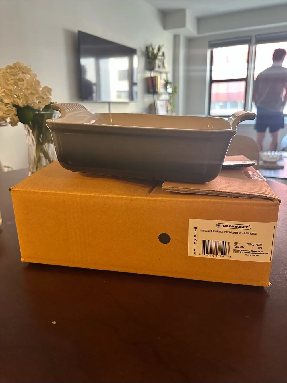 Le Creuset Rectangular Baking Dish in Gradient Gray-Green with Cream Interior